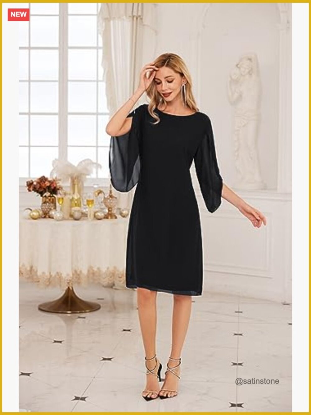 Chiffon Midi Formal Wedding Guest Dress with 3/4 Sleeves - Picture 3 of 7